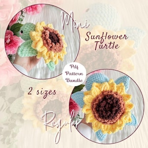 May include: A crochet pattern bundle for a Mini Sunflower Turtle in two sizes. The image features two plush turtle toys with light green and light blue bodies, brown centers, and yellow petals. Text reads: Mini Sunflower Turtle, Pdf Pattern Bundle, 2 sizes, Regular.