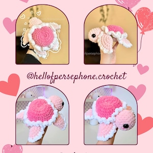 May include: Four crocheted pink and white turtle amigurumi toys. The turtles are sitting on a hand and on a white surface. The image includes the text "@hellofpersephone.crochet" and "@_efyrie_"