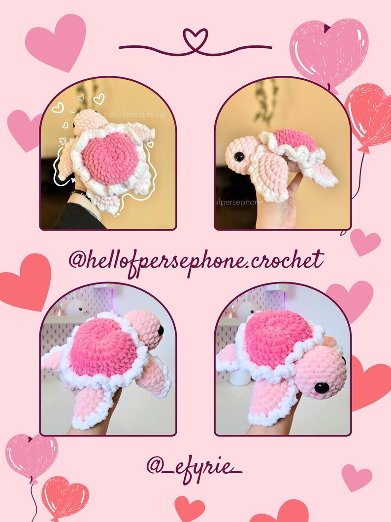 May include: Four crocheted pink and white turtle amigurumi toys. The turtles are sitting on a hand and on a white surface. The image includes the text "@hellofpersephone.crochet" and "@_efyrie_"