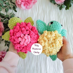 Mini Dahlia and Dandelion turtle crochet pattern - amigurumi flower design, DIY beginner friendly instructions