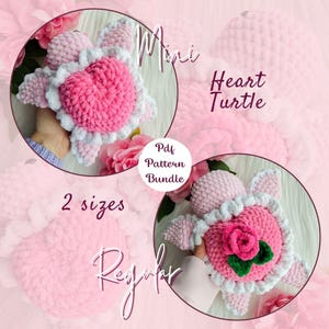 Crochet pattern bundle - mini and regular Heart Turtle amigurumi tutorial, Valentines day crochet instructions