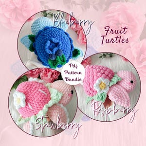 Lot de patrons au crochet - tortues fruitières de taille normale, instructions de crochet de créatures de la mer fraise myrtille framboise