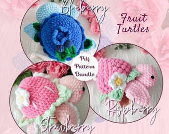 Crochet pattern bundle - regular size fruit turtles, strawberry blueberry raspberry sea creatures crochet instructions