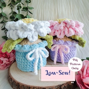 May include: Crocheted flower pot decorations in white, pink, and blue, with green leaves and yellow centers. Each pot has a matching bow. The text "Low-Sew!" and "Pdf Pattern Only" are visible.