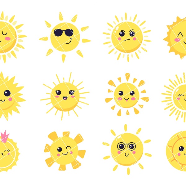Happy Cute Sun Clipart, lindo sol se enfrenta a imágenes prediseñadas, archivos png de sol, imágenes prediseñadas de sol, descarga instantánea
