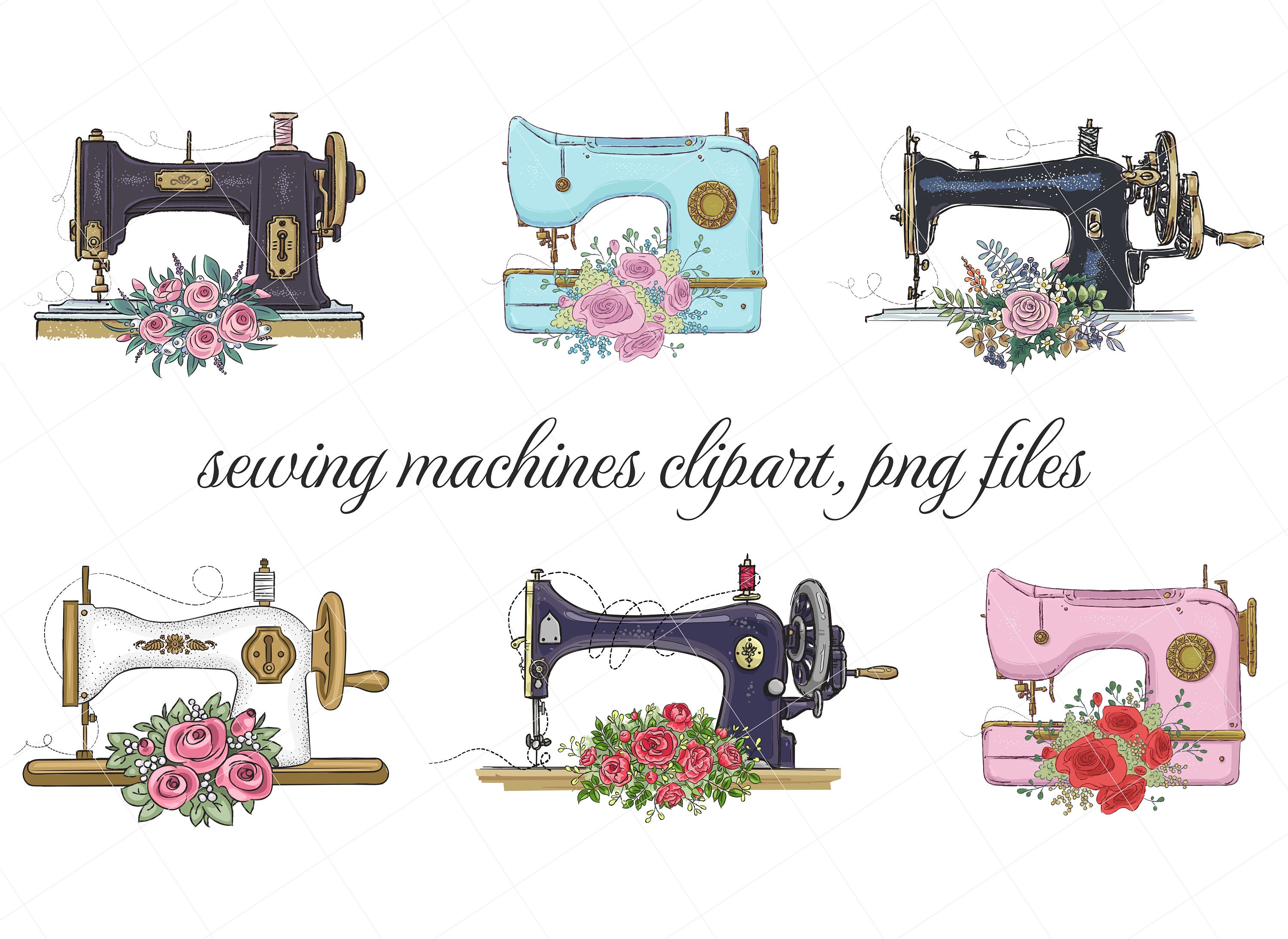Watercolor Vintage Sewing Kit Clip Art. Branding Kit, Sewing Machine,  Needle, Stitching, Scissors, Dummy Model DIY Clipart. 