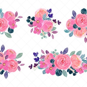 watercolor floral clipart, pink floral arrangement clipart, Set of watercolor pink floral flower clipart,Individual PNG files, rose clipart