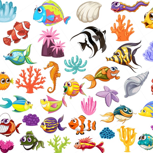 Fish Clipart, Tropical Fish Clipart, Sea Creatures clipart, Crab Clipart, the eel clipart, coral clipart, Instant Download, commercial use