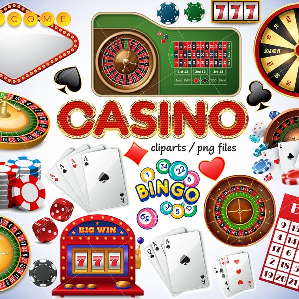 Clipart casino, clipart machine à sous, clipart jetons de poker, clipart roulette, clipart bingo, png casino, téléchargement immédiat, usage commercial