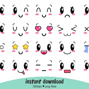 Cute Faces Clipart, Kawaii Cute Face Clipart, png Cartoon Faces Digital, Anime Face, Planner Sticker Art, Commercial Use, Instant Download