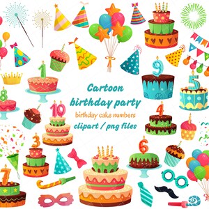 Cartoon verjaardagsfeestje clipart, verjaardagstaart nummers clipart, Instant Download