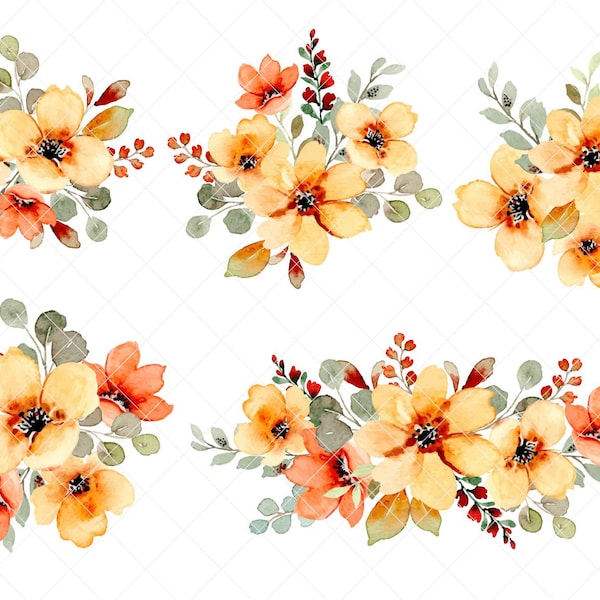 watercolor floral clipart, yellow and orange floral clipart, Set of watercolor yellow and orange flower clipart, Individual PNG files