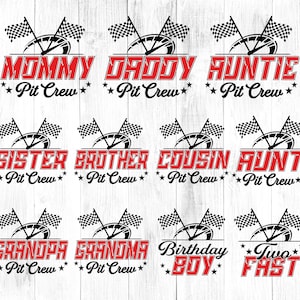 Paquete de equipo de boxes familiar Svg, Svg familiar a juego, Svg familiar de coche, Svg de camiseta de cumpleaños de coche de carreras, Svg de cumpleañero, Archivos Svg para Cricut