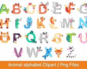 Alphabet mit Tieren, Clipart Tier, Alphabet als Png, Schule und Schule als Png, Scrapbooking, Sofort Download