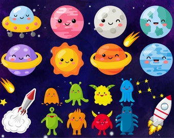 Planeten Clipart, Monster Clipart, niedliche Planeten, glückliches Sonnensystem, Smiley Planeten, Planeten basteln, INSTANT DOWNLOAD