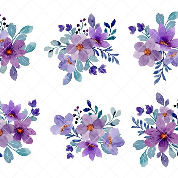 watercolor floral clipart,purple floral bouquet clipart,Set of watercolor purple flower clipart,Individual PNG files,watercolor rose clipart
