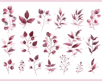 watercolor floral clipart, Watercolor tropical burgundy maroon leaves clipart, Set of watercolor floral, invitation element PNG files