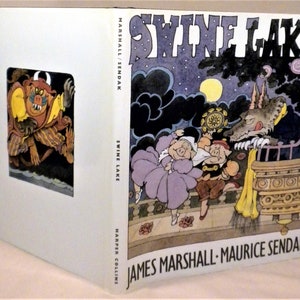 May include: A book cover for "Swine Lake" by James Marshall and Maurice Sendak. The cover features a wolf with a yellow scarf, three pigs, and a full moon in the night sky.