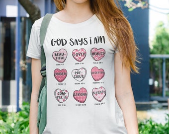 Divine Affirmation: "God Says I Am" Pink Hearts Bible Verse Valentines T-Shirt