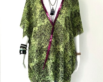 Bohemian Small Botanical Print Green Kimono With Button, PlUs Size Summer Cardigan, Sheer Bathing Beach Cover Up, Oversized Bridal Jacket