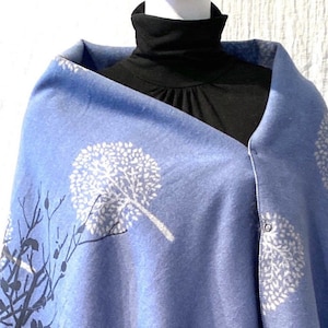 Envoltório de caxemira com botões de pressão, cachecol reversível denim prateado, lenço de manta dupla face multi-look, envoltório multidesgaste de árvore de lã