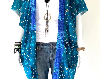 Boho Turquoise 4XL Floral Bathing Suit  Cover Up, 6XL Bohemian Kimono With Button, Plus Size Bridesmaids Cardigan Oversized Bridal Jacket
