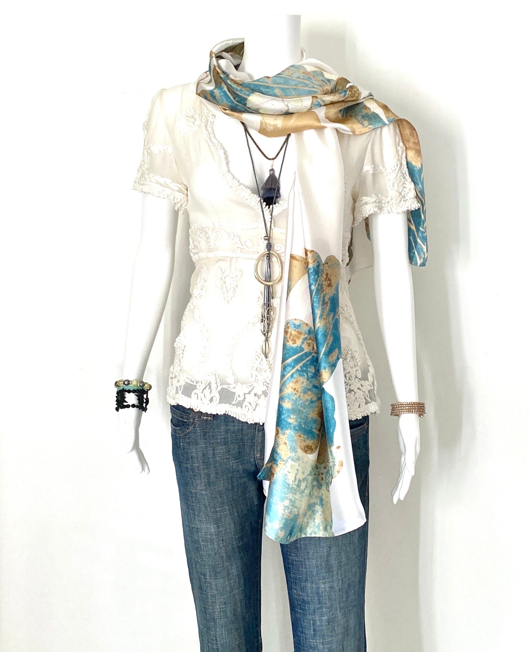 Silky Satin and Taffeta White Aqua Gold Floral Kimono Wrap Silky Satin and Taffeta White Aqua Gold Floral Kimono Wrap