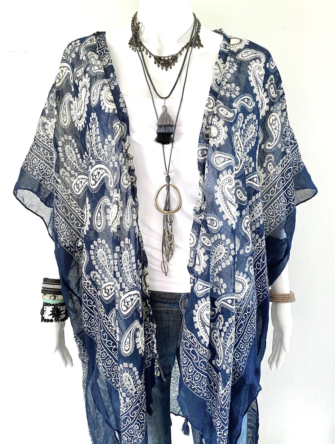 6xl Boho Navy Paisley Kimono Ruana Vest With a Snap, Plus Size Cardigan ...