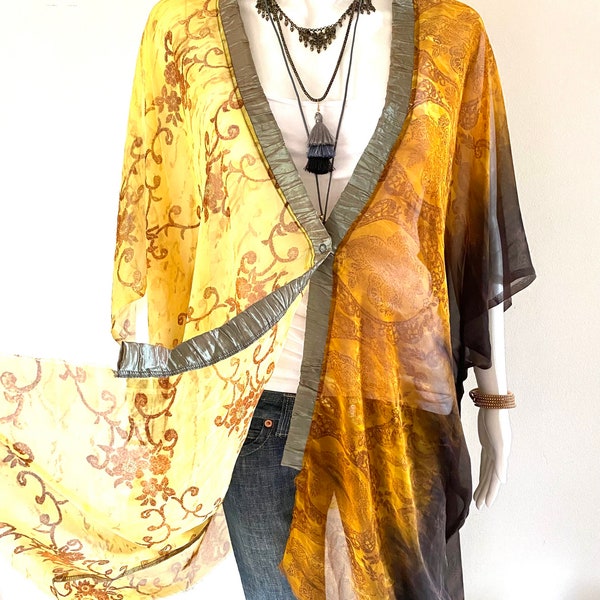 6Xl Bohemian Silky Honeysuckle Gold  Ombré Print Kimono With Button, Plus Size Cardigan, Sheer Bathing Cover Up, Oversized Bridal Jacket