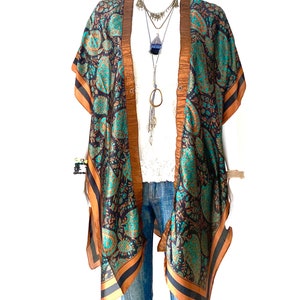 Boho Smaragdröd Roströd Paisley Kimono Med Knapp, Plus Size Sommarkofta, S-6Xl-4Xl Baddräktsöverdrag, Böljande Morgonrock Brudkavaj