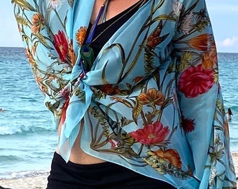 Bohemian Floral Print Turquoise Red Kimono, 6XL Plus Size Botanical Print cardigan, 4XL Sheer Bathing suit Cover Up, Oversized Bridal Jacket