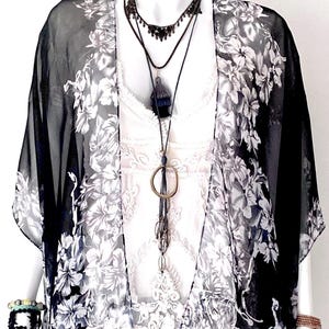Floral See Through Black and White Kimono Wrap, Light Chiffon Jacket, Plus Size Flowy Vest, Bathing suit Cover Up Oversized Bridal Duster