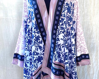 Floral Kimono jacket, cotton kaftan coat, satin oversized boho cardigan , convertible clothing, plus size cardigan, adjustable sleeves coat