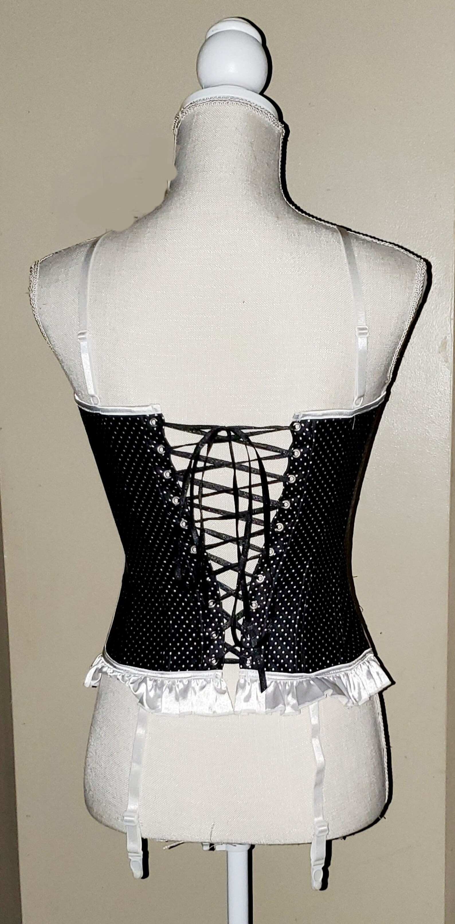 Black and White Polka Dot Satin Maid Corset With Garter Belt Etsy