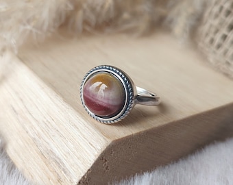 Bague spirituelle en argent S925 et cabochon en Jaspe Mokaïte véritable