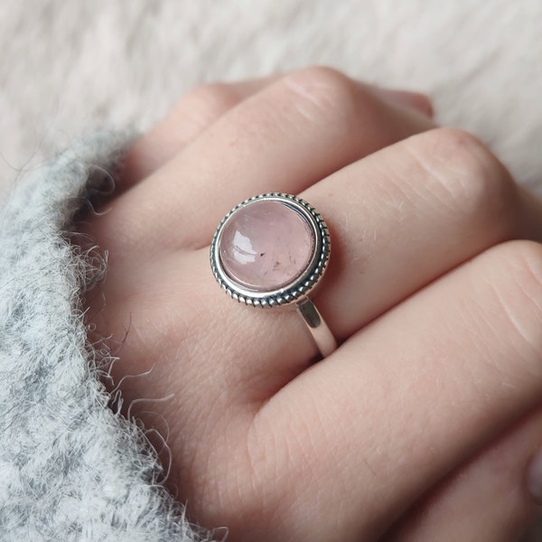 Bague spirituelle en argent S925 et cabochon en Quartz Rose véritable