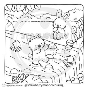 May include: Black and white line art illustration of a cat and a rabbit in a river scene. The cat is stepping on stones, and the rabbit is sitting nearby. Two small boats are in the water. The text "STRAWBERRY MOON COLOURING" is in the image.