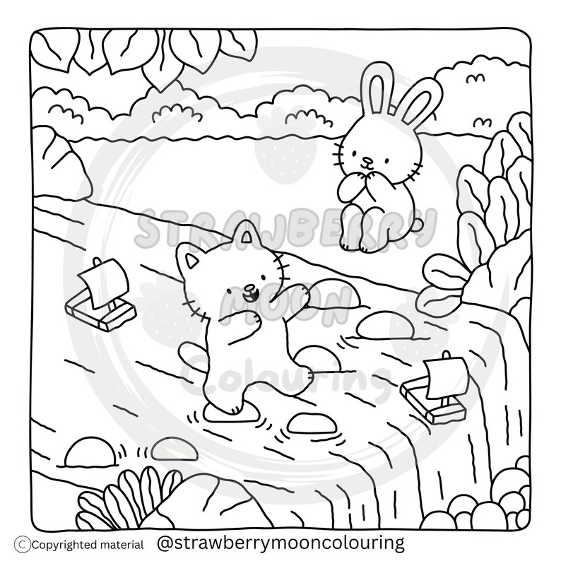 May include: Black and white line art illustration of a cat and a rabbit in a river scene. The cat is stepping on stones, and the rabbit is sitting nearby. Two small boats are in the water. The text "STRAWBERRY MOON COLOURING" is in the image.