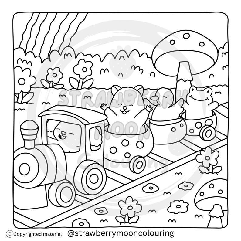 May include: Black and white line art illustration of a train carrying animal characters. The train is led by a seal, followed by a hamster, a duck, and a frog. The background features flowers, mushrooms, and trees.