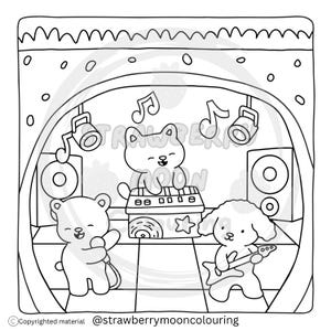 May include: Black and white illustration of a band of cartoon animals performing on a stage. A bear sings into a microphone, a dog plays a guitar, and a cat plays a keyboard. Musical notes and stage lights are also visible.