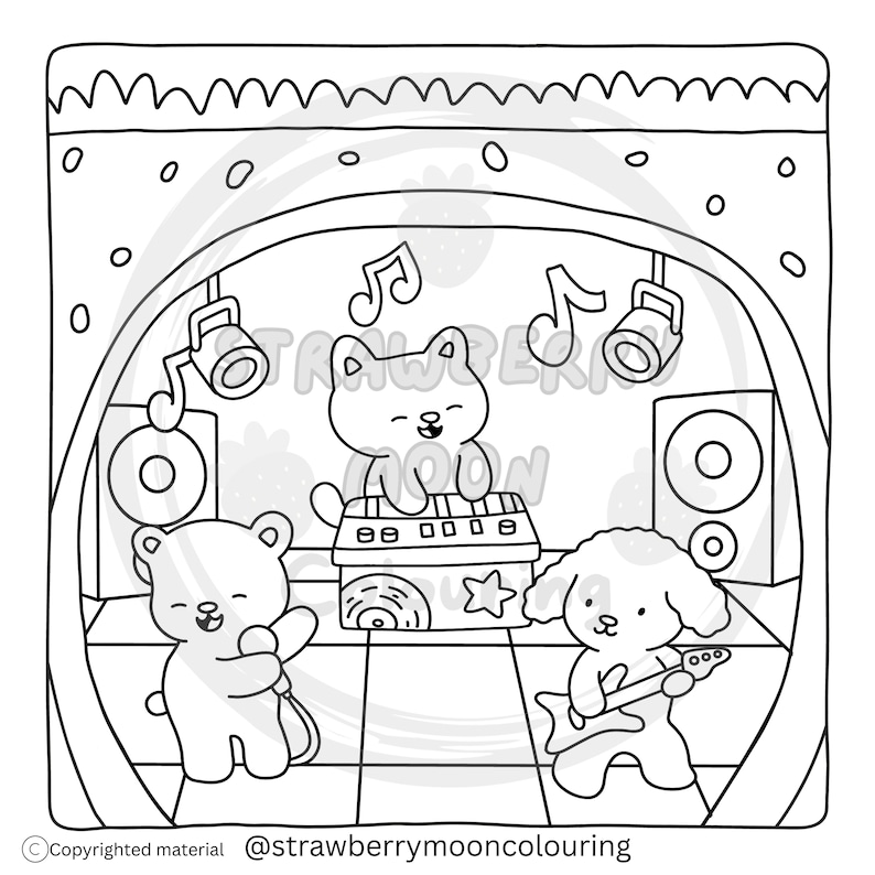 May include: Black and white illustration of a band of cartoon animals performing on a stage. A bear sings into a microphone, a dog plays a guitar, and a cat plays a keyboard. Musical notes and stage lights are also visible.