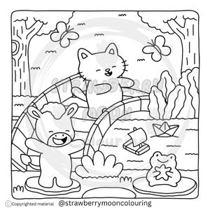 May include: Black and white illustration of a bridge scene with a cat and a donkey. A paper boat, a sailboat, and a frog are also present. Butterflies and trees are in the background. The text "Strawberry Moon Colouring" is at the bottom.