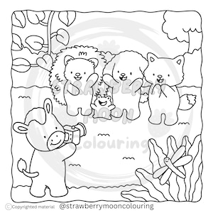 May include: Black and white line art illustration of a group of cartoon animals. A cow takes a photo of a hedgehog, poodle, fox, and frog. A dragonfly and foliage are in the foreground. The image is for coloring.