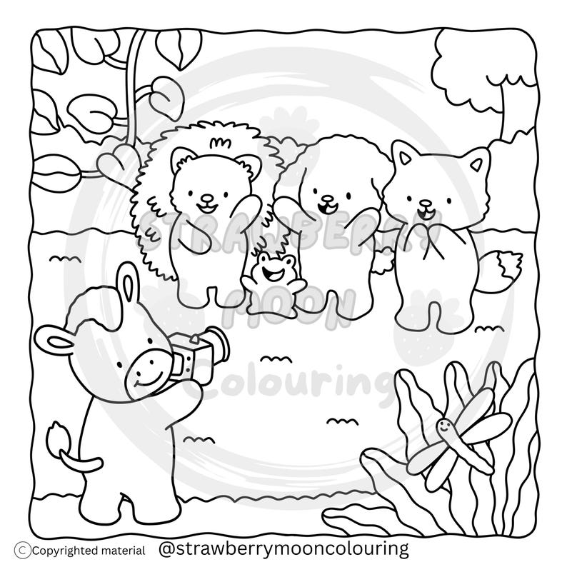 May include: Black and white line art illustration of a group of cartoon animals. A cow takes a photo of a hedgehog, poodle, fox, and frog. A dragonfly and foliage are in the foreground. The image is for coloring.
