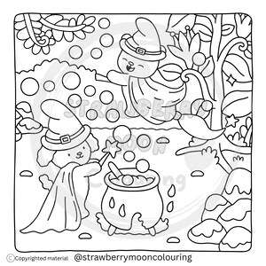 May include: Black and white line art illustration of a bear and a dog in witch hats, with a cauldron and bubbles. The dog is stirring the cauldron with a wand. The bear is floating in the air. The image is a coloring page.