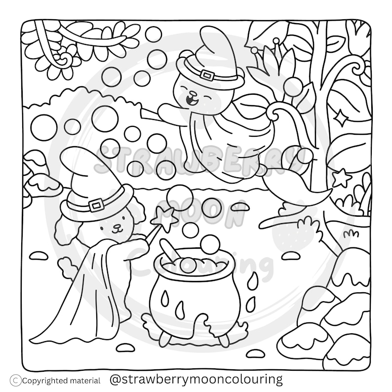 May include: Black and white line art illustration of a bear and a dog in witch hats, with a cauldron and bubbles. The dog is stirring the cauldron with a wand. The bear is floating in the air. The image is a coloring page.
