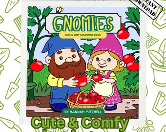 Gnomies Colouring book, Pdf print at home cute and comfy colouring pages, 28 pages to colour.