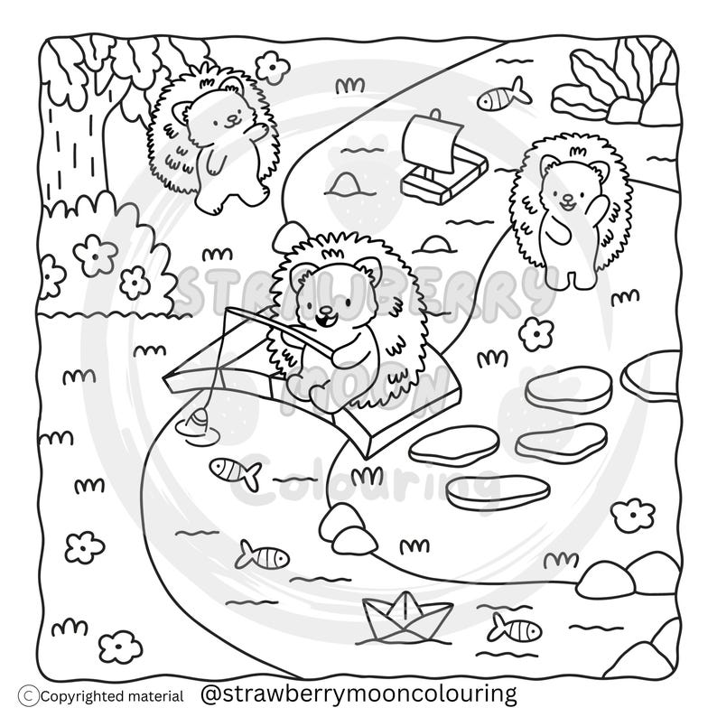 May include: Black and white illustration of a whimsical forest scene with hedgehogs. One hedgehog fishes from a platform, while others wave. A paper boat and stepping stones are also featured. The image includes the text "&copy; Copyrighted material @strawberrymooncolouring".