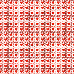 May include: A repeating pattern of red hearts within red dashed square frames on a white background. The hearts are evenly spaced, creating a symmetrical design. The overall aesthetic is simple and romantic.
