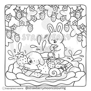 May include: Black and white line art illustration of a bunny and a dog playing in a strawberry-filled pool. A snail is also present. The image is surrounded by strawberry vines and flowers. Text in the image reads "STRAWBERRY MOON".